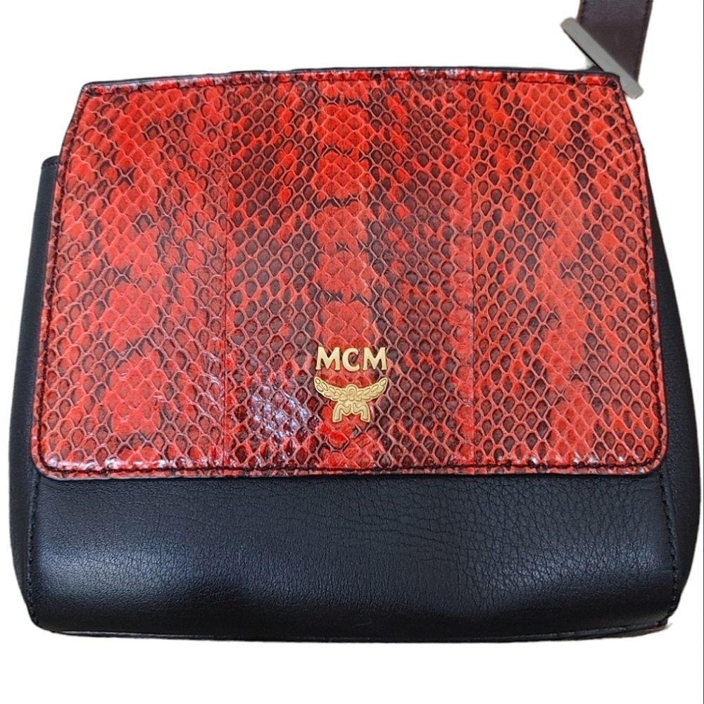 MCM Black Leather Orange Snakeskin Embossed Crossbody Bag - Picture 4 of 7